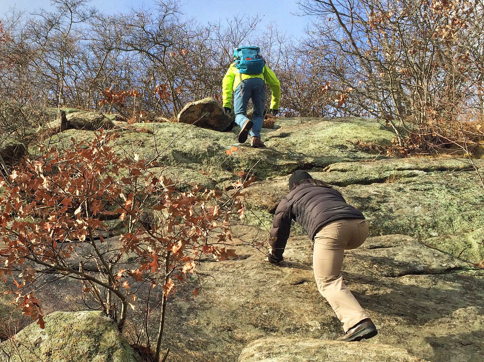 Rock scrambling while hiking